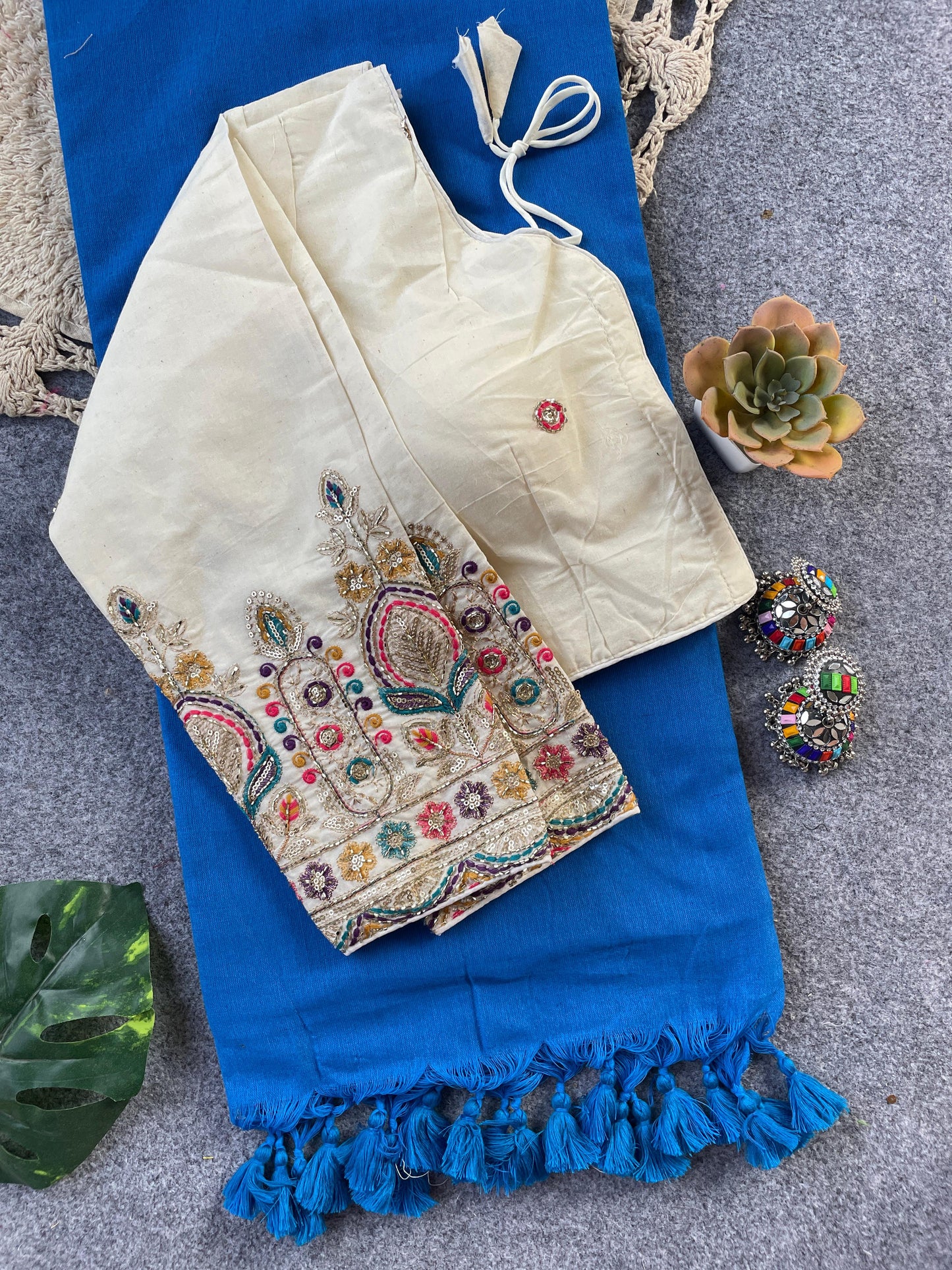 Pure Khadi Cotton Blue Saree With Designer Blouse