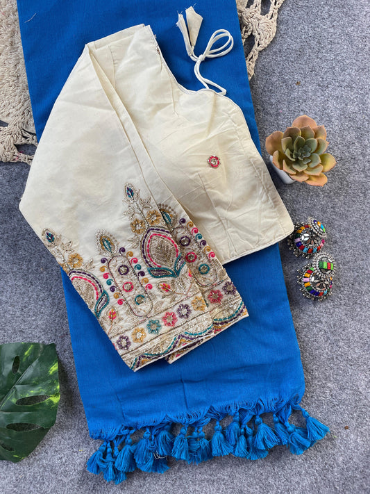 Pure Khadi Cotton Blue Saree With Designer Blouse