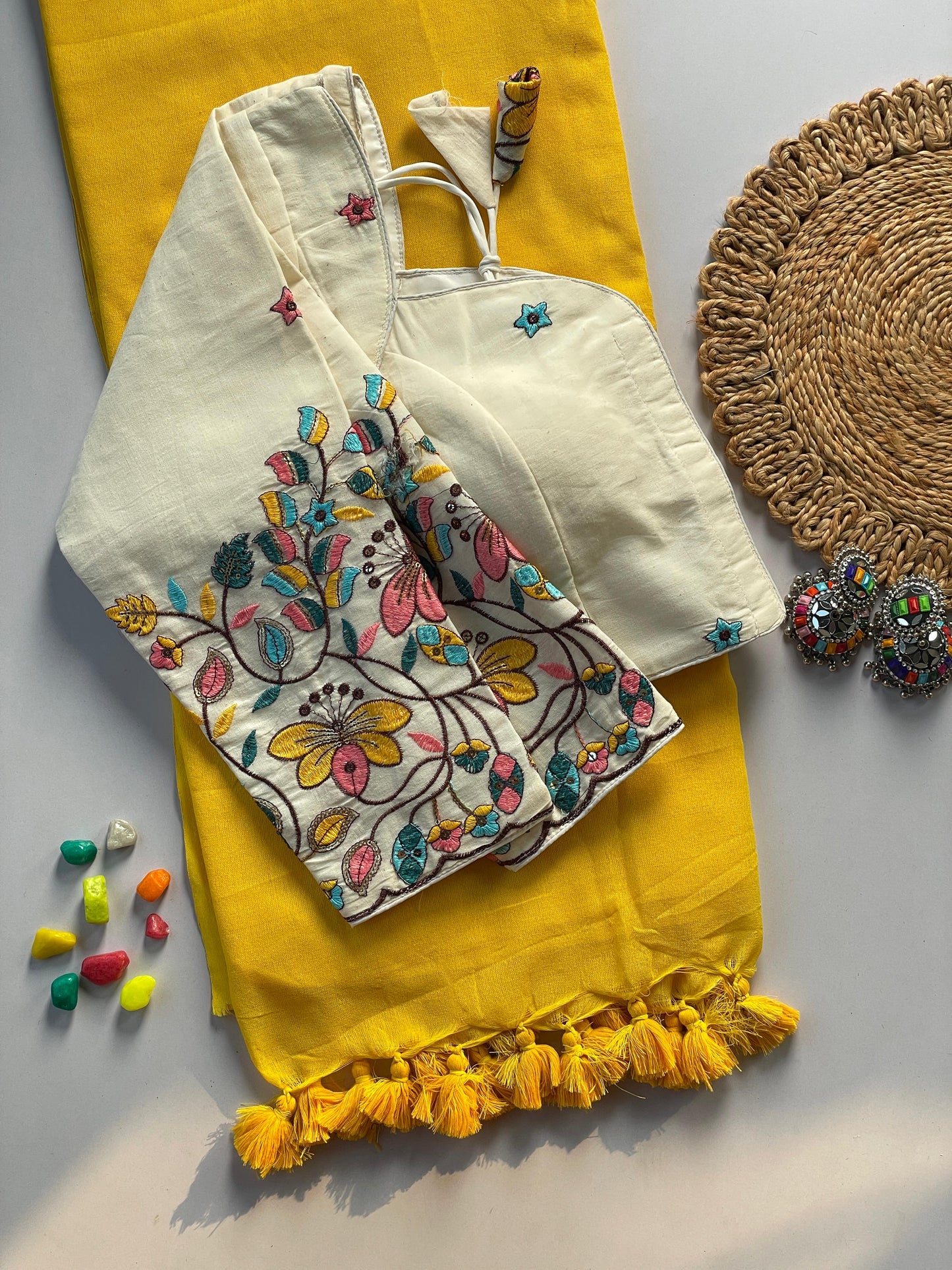 Pure Khadi Cotton Yellow Saree With Designer Blouse